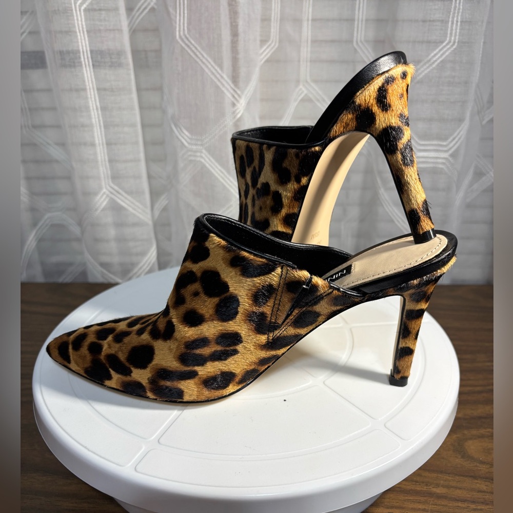NINE West NWOT Size 5.5M Karyta Leopard Print Pointed-Toe Calf Hair Mules 3”heel - Picture 2 of 7
